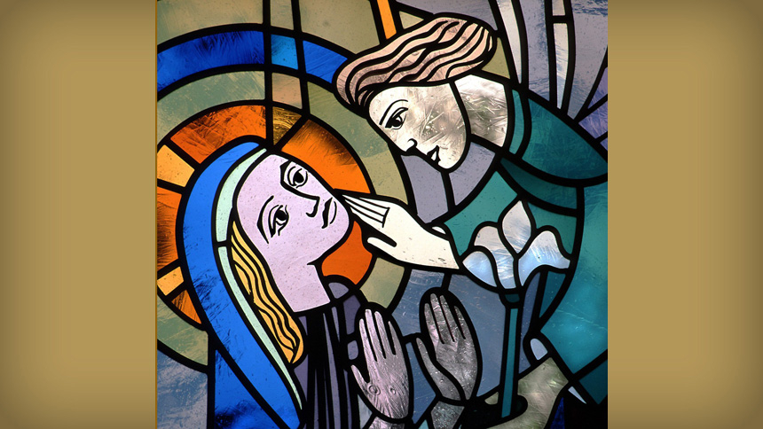 In this church window depicting the Annunciation, the angel Gabriel appears before Mary to proclaim that she is to be the mother of Jesus. The window is from St. Mary's Church in Willmar, Minn. The hymn, "The Angel Gabriel From Heaven Came," focuses on the Annunciation. (CNS photo/Crosiers)